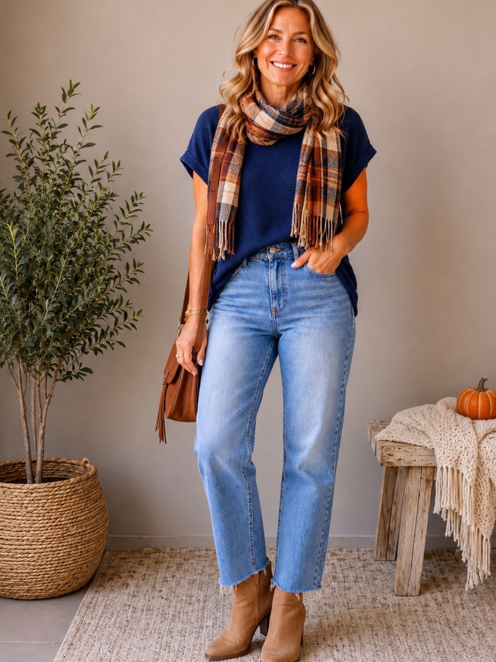Andree by Unit Navy waffle-knit loose-fitting top